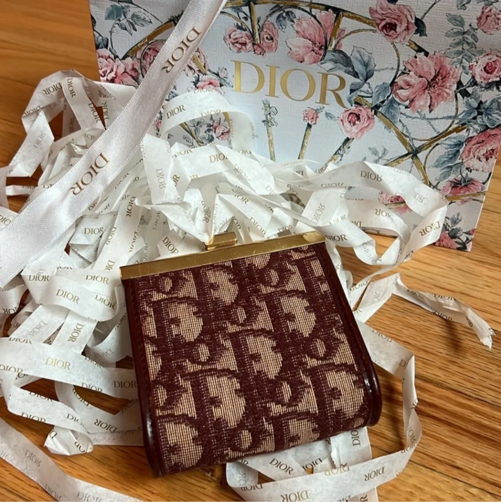 Dior Burgundy and Beige Monogram Compact Wallet